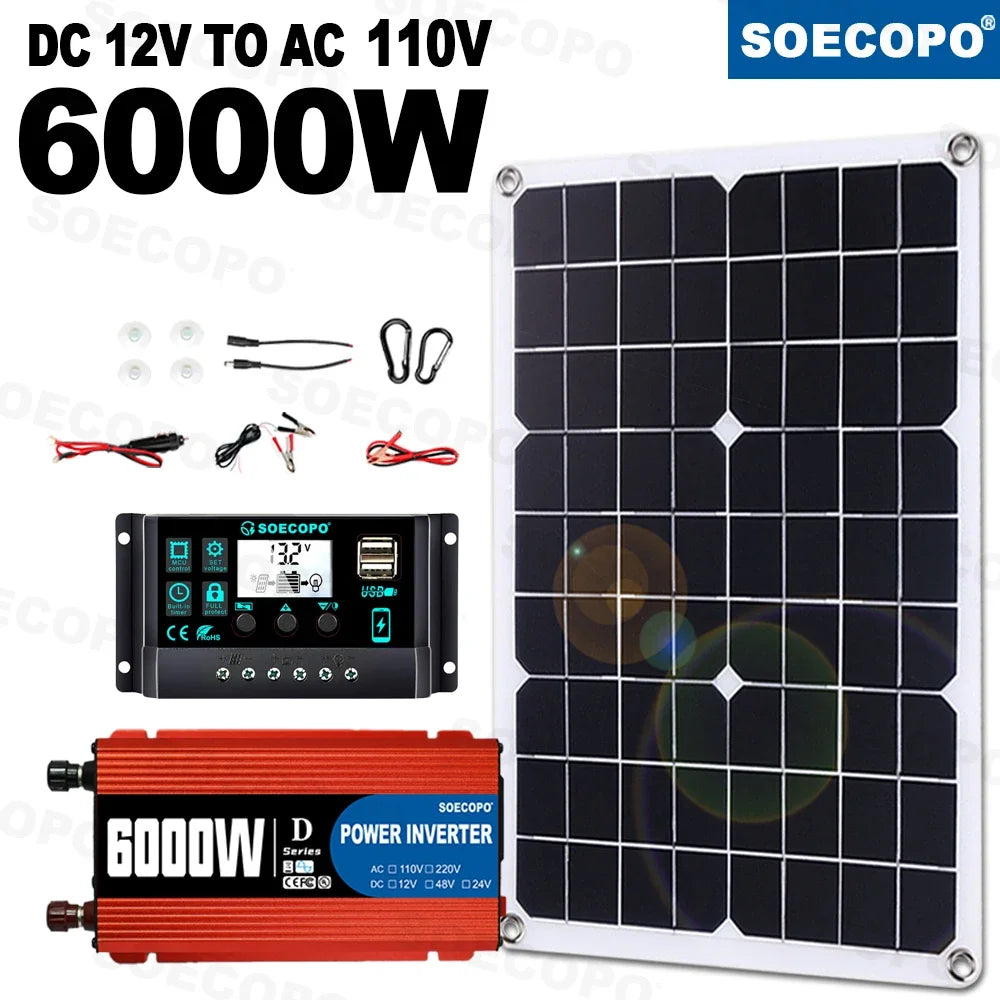 SOECOPO 6000W System Complete Kit 500W Panel Solar DC 12V to AC 110V/220V Inverter 100A Controller Off-Grid for Home Camping