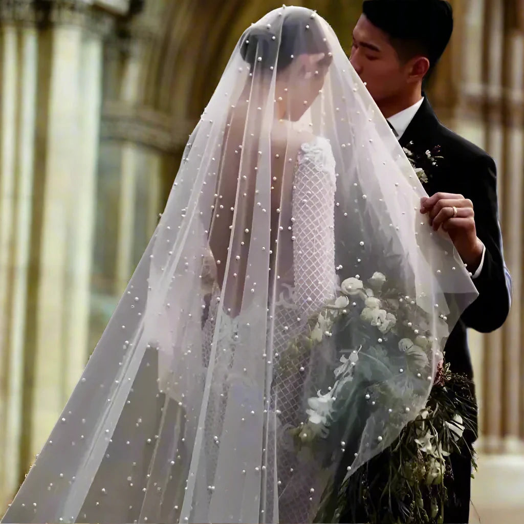 Pearls Bridal Veil 2 Tiers Blusher Wedding Veil Face-Covered With Comb White/Ivory Cathedral 300cm
