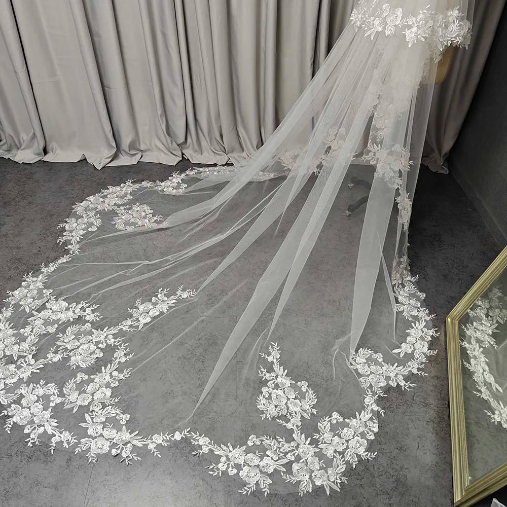 Wedding Veil with Shiny Sequins Lace Customized 2 Tiers 3 Meters Long Bridal Veil with Comb