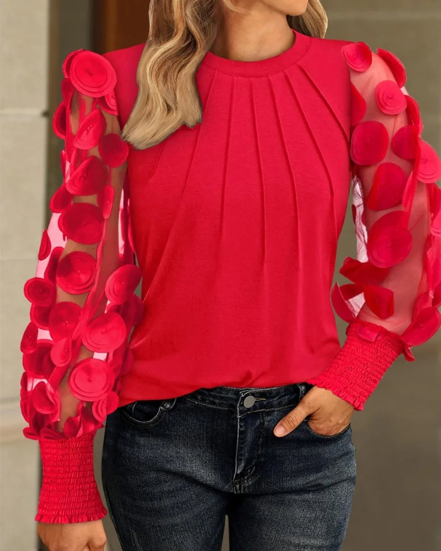 Women Fashion Mesh long Sleeve Round Neck Loose Blouse
