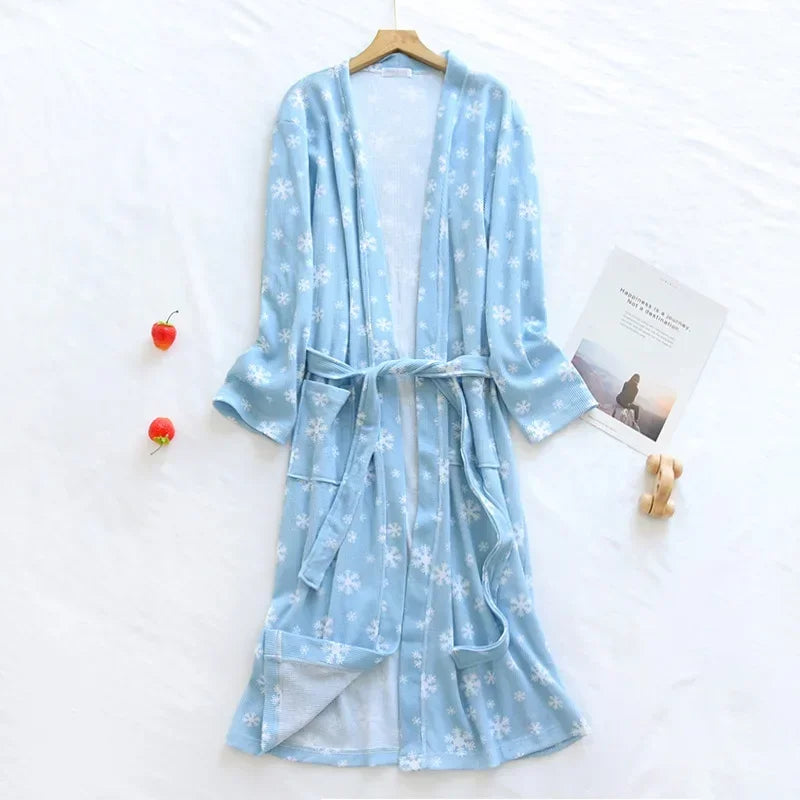 Spring and Autumn Cotton Waffle Kimono Bathrobe