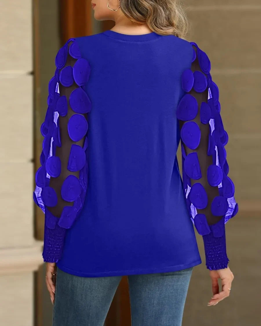 Women Fashion Mesh long Sleeve Round Neck Loose Blouse