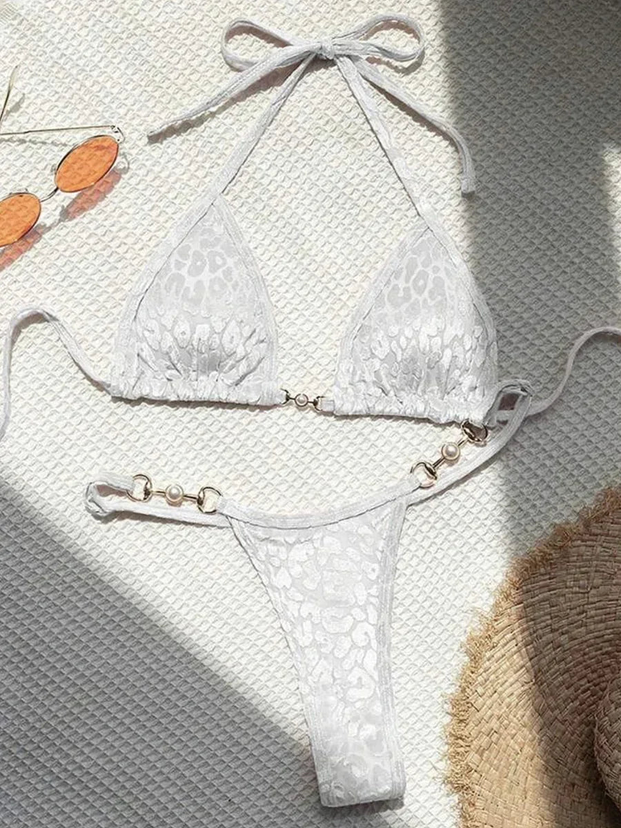Sexy Leopard Velvet Bikini Bra Thong Swimwear Two-piece
