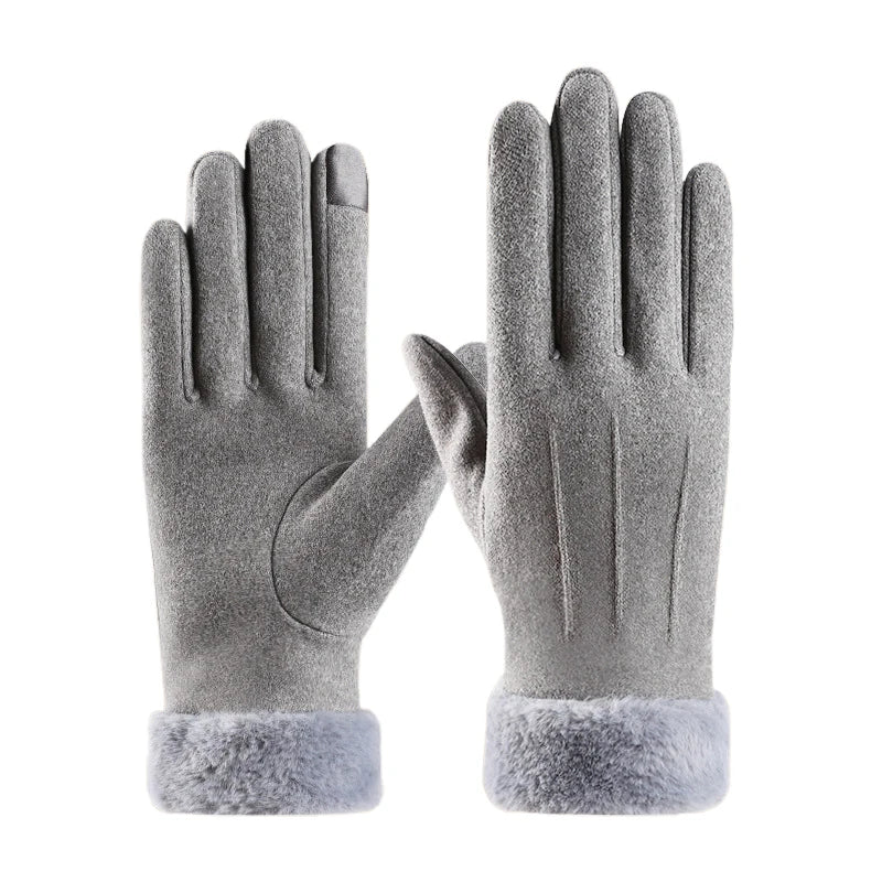 Women Winter Warm Suede Gloves Plus Velvet Thickened Cuff Outdoor Coldproof Touchscreen Riding Ski Gloves