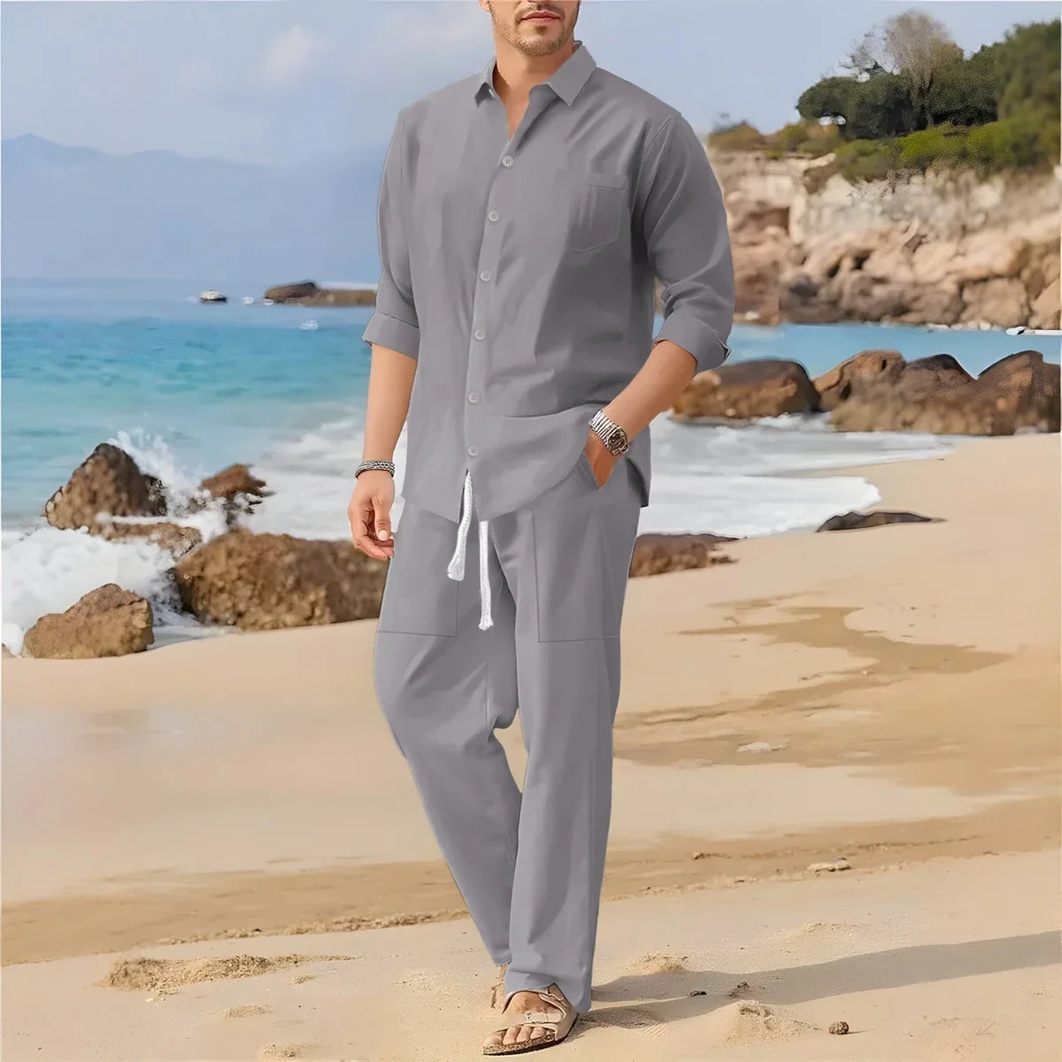 Men's Casual Long-Sleeved Set, Solid Shirt and Pants - Comfortable and Fashionable Two-Piece Set All Year Round