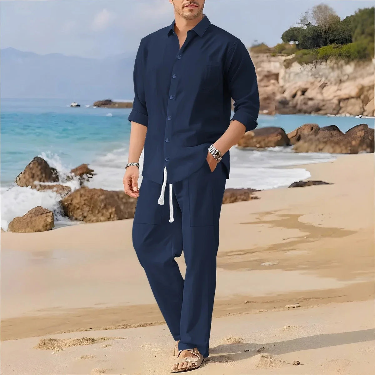 Men's Casual Long-Sleeved Set, Solid Shirt and Pants - Comfortable and Fashionable Two-Piece Set All Year Round