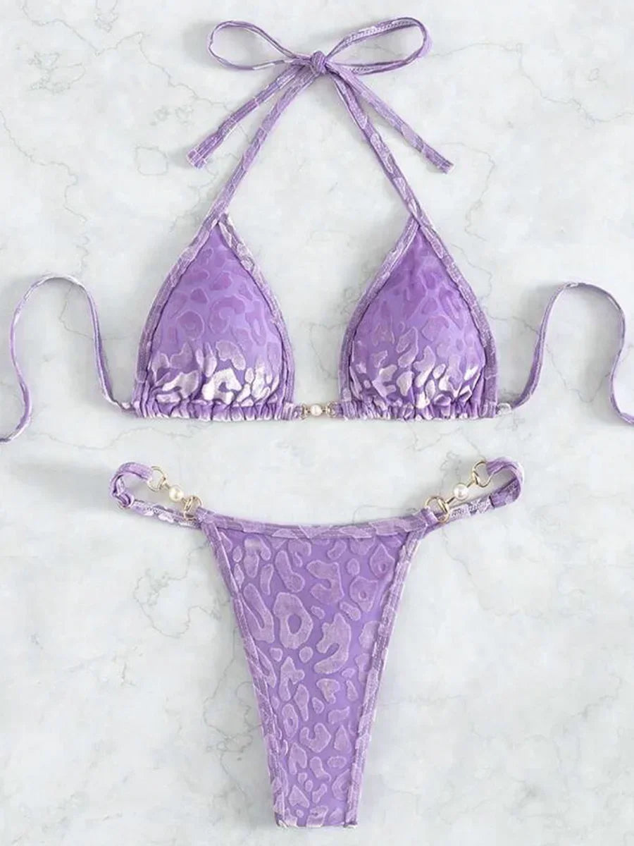 Sexy Leopard Velvet Bikini Bra Thong Swimwear Two-piece