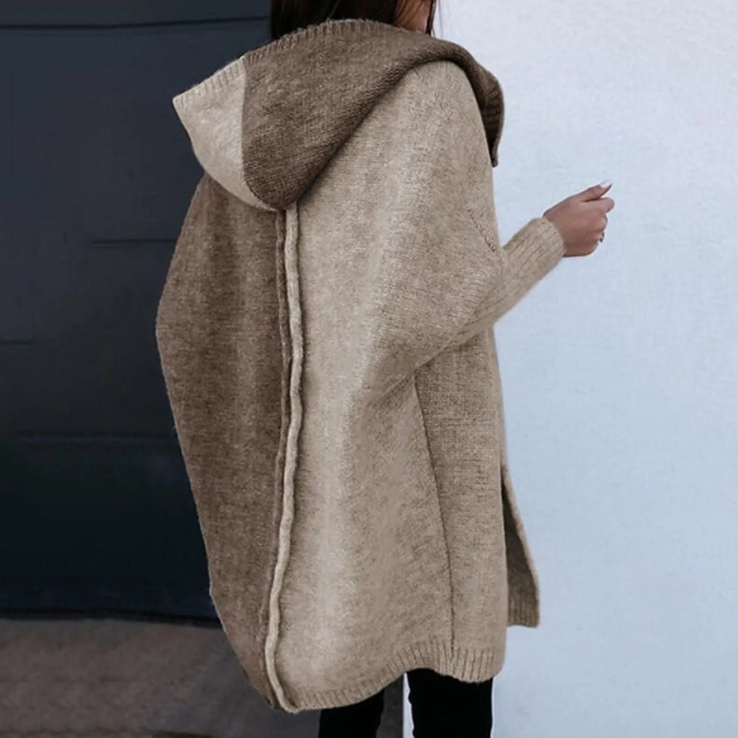 Women's Loose Hooded Sweater Coat Front Open Long Sleeve Patchwork Color Block