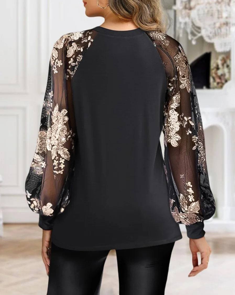 Women Fashion Mesh long Sleeve Round Neck Loose Blouse