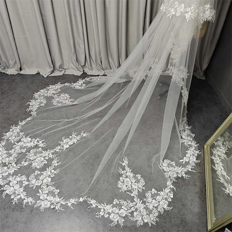 Wedding Veil with Shiny Sequins Lace Customized 2 Tiers 3 Meters Long Bridal Veil with Comb