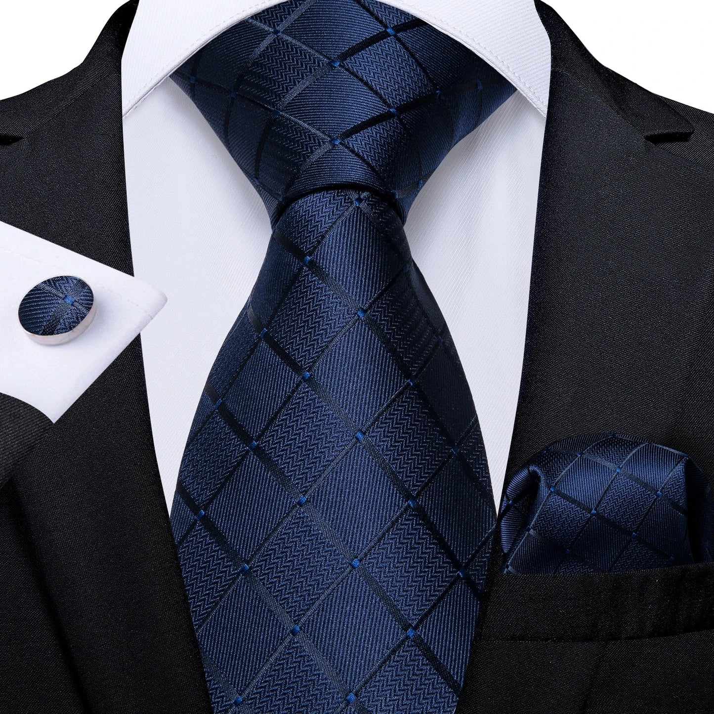 New Classic 100% Silk Men's Ties 8cm Blue Plaid Dot Striped Business Necktie Handkerchief Wedding Party Tie Set