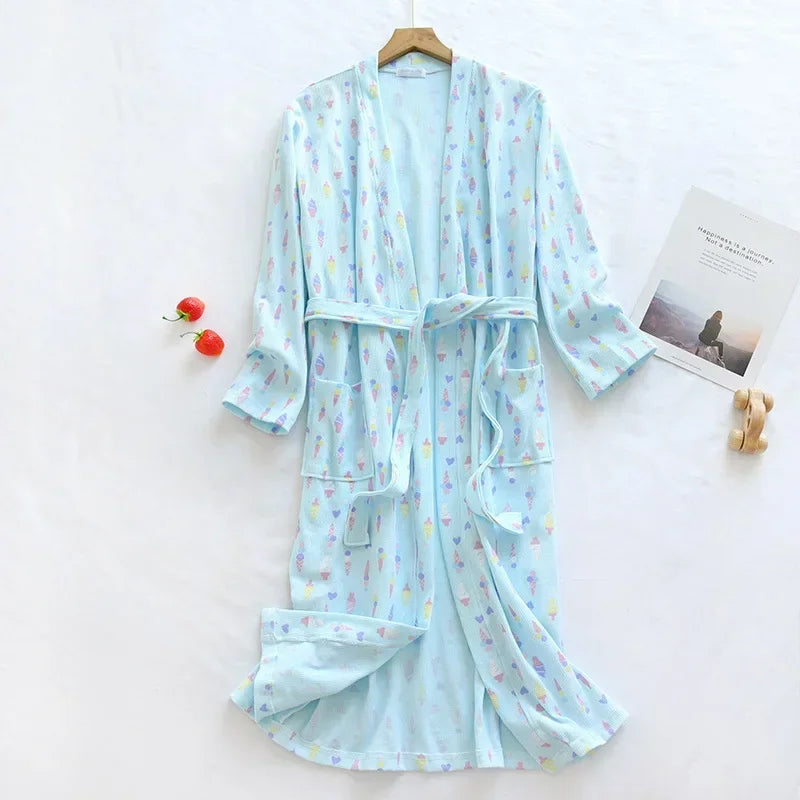 Spring and Autumn Cotton Waffle Kimono Bathrobe