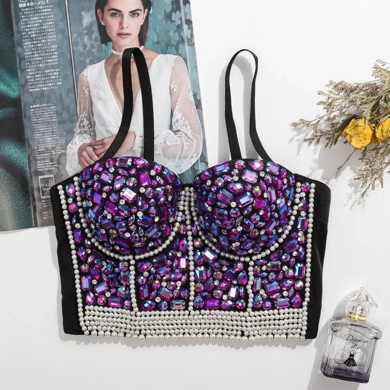 Women Rhinestone Diamond Tank Top Push Up Bustier Camisole Sequin