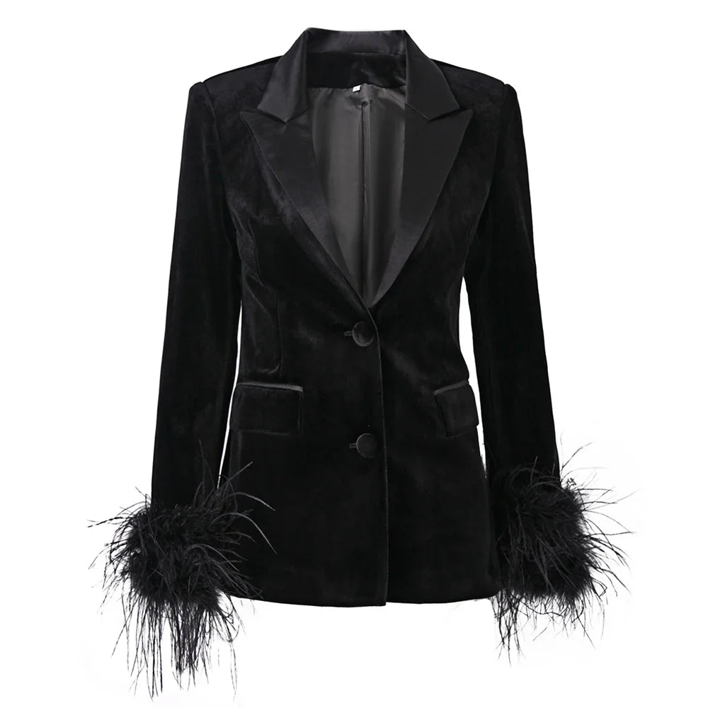 Women Velvet Fluffy Feather Patchwork Jacket Blazer