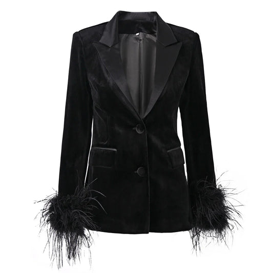 Women Velvet Fluffy Feather Patchwork Jacket Blazer