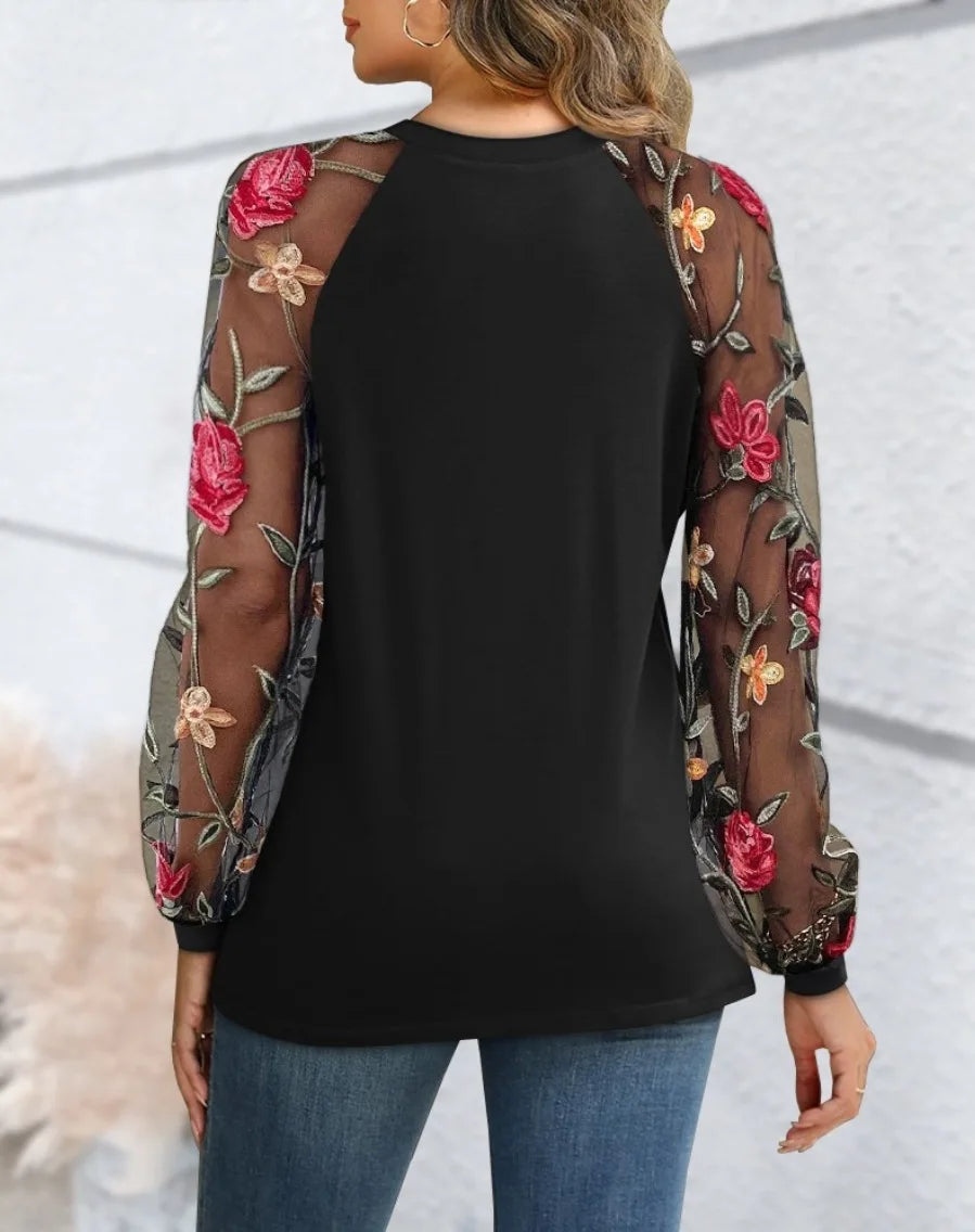 Women Fashion Mesh long Sleeve Round Neck Loose Blouse