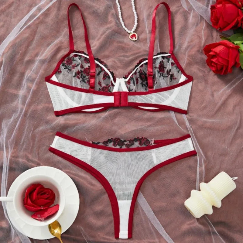Women's Sexy Transparent Underwear Brasserie Sets Embroidered Flowers