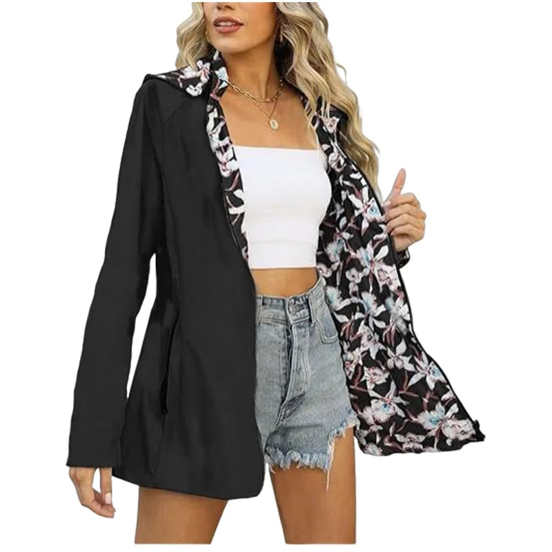 Women's Autumn Hooded Reversible Printed Jacket Casual Coat with Pockets S-2XL