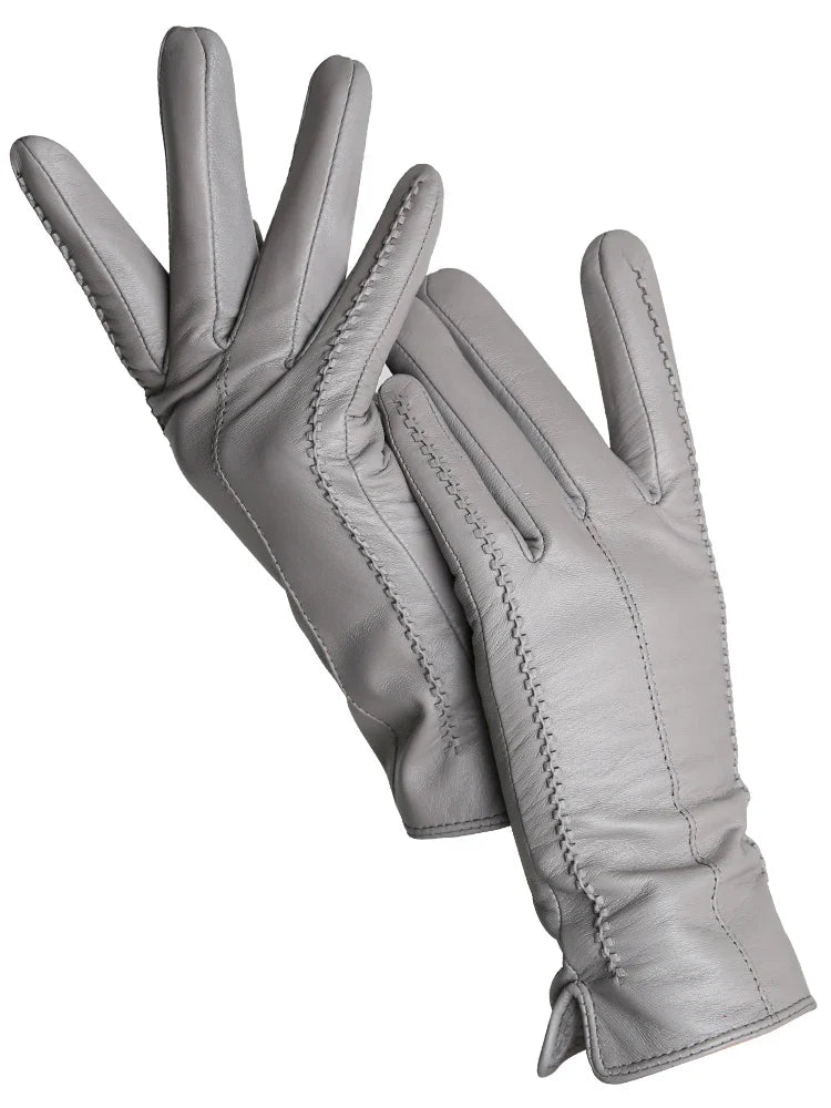 Women's Leather winter warm gloves with velvet thin touch screen