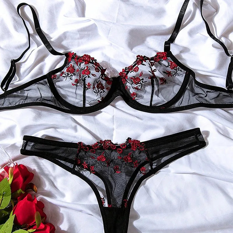 Women's Sexy Transparent Underwear Brasserie Sets Embroidered Flowers