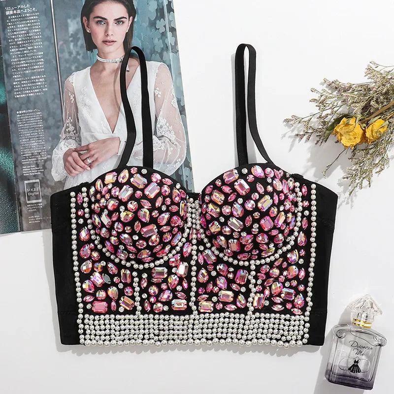 Women Rhinestone Diamond Tank Top Push Up Bustier Camisole Sequin