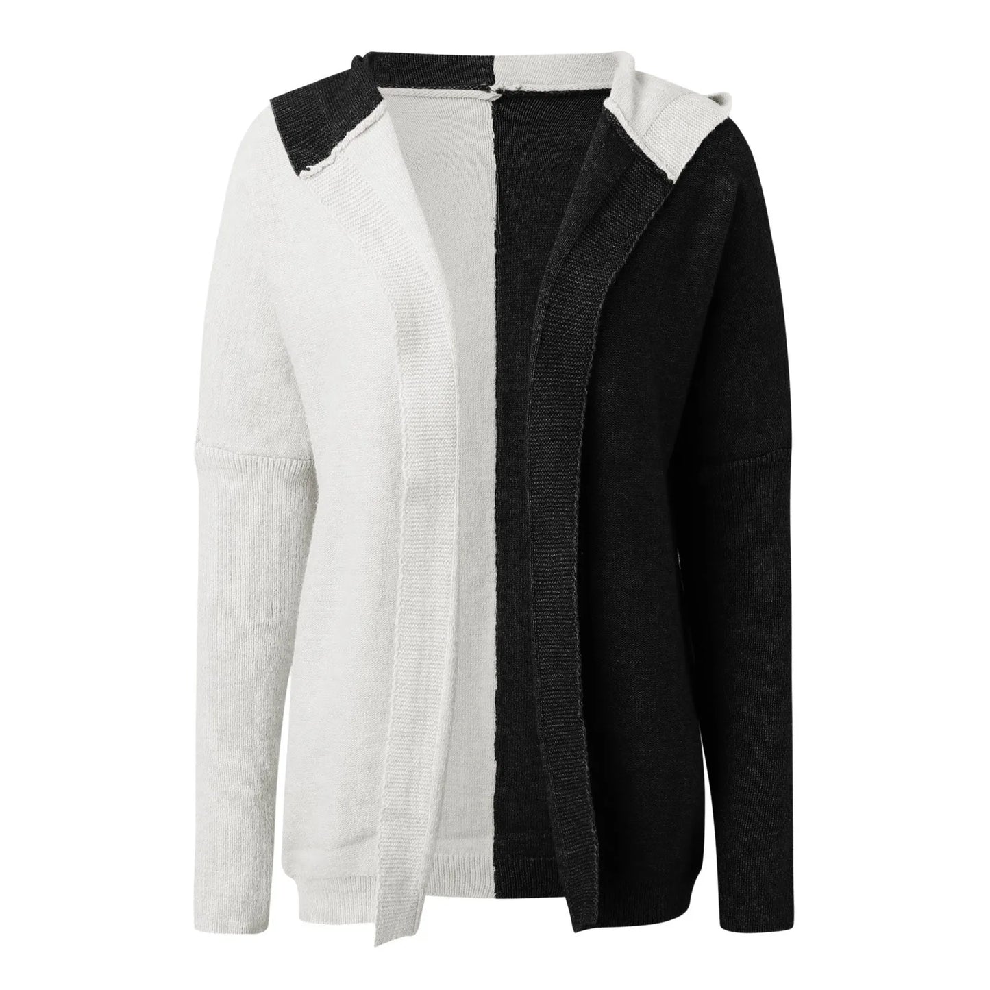 Women's Loose Hooded Sweater Coat Front Open Long Sleeve Patchwork Color Block