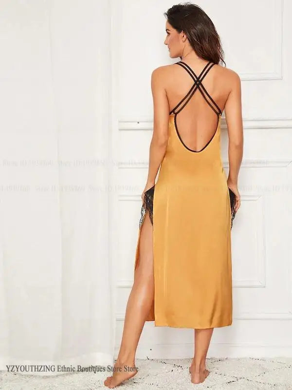 Women Intimate Sexy Silk Satin Long Nightgown Chemise Sleepwear