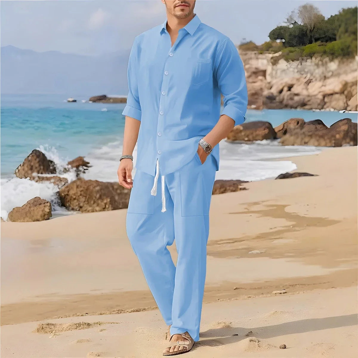Men's Casual Long-Sleeved Set, Solid Shirt and Pants - Comfortable and Fashionable Two-Piece Set All Year Round