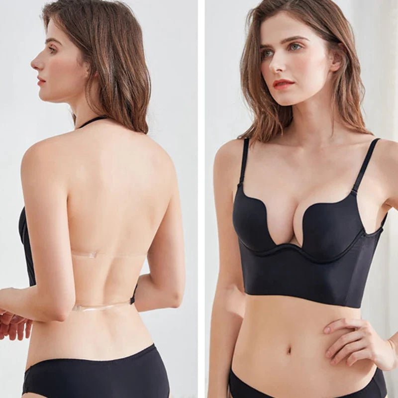 Women Sexy Invisible Bra with Transparent Strap Deep U Plunge Bras Backless