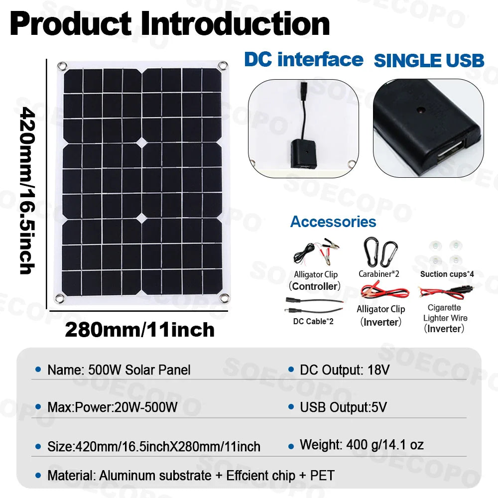 SOECOPO 6000W System Complete Kit 500W Panel Solar DC 12V to AC 110V/220V Inverter 100A Controller Off-Grid for Home Camping