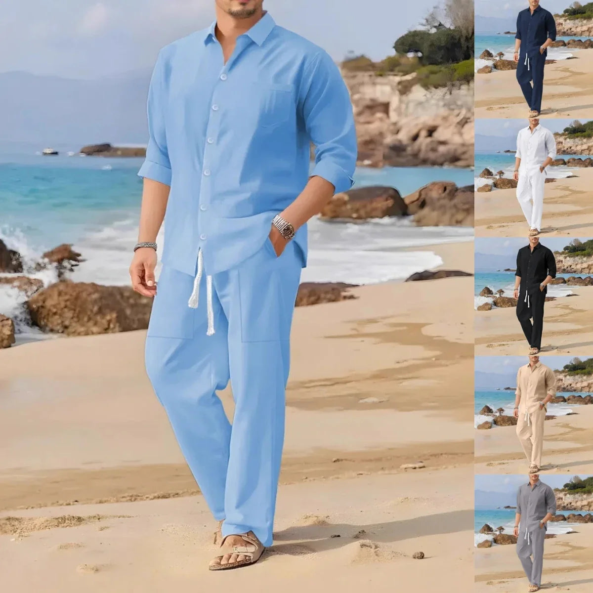 Men's Casual Long-Sleeved Set, Solid Shirt and Pants - Comfortable and Fashionable Two-Piece Set All Year Round