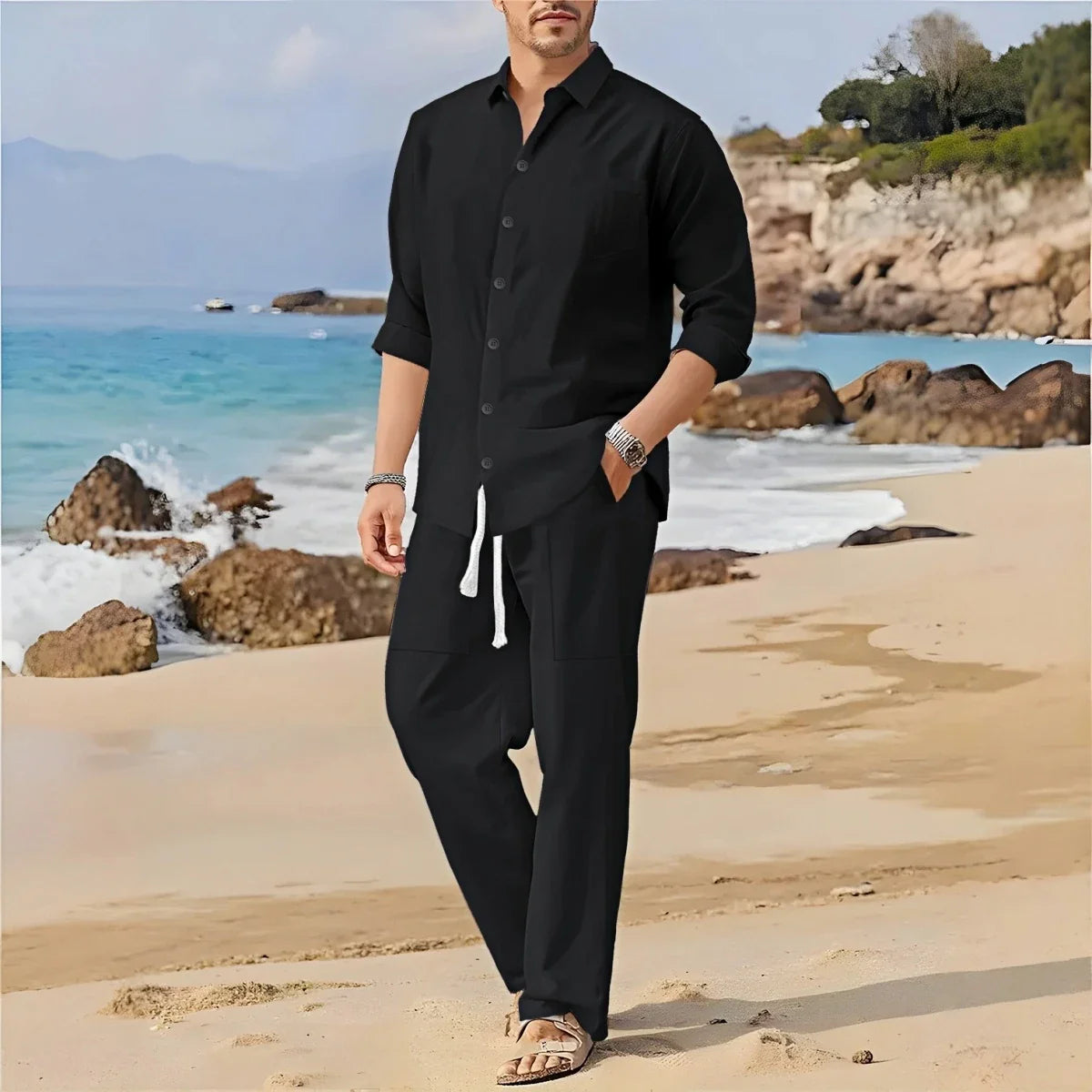 Men's Casual Long-Sleeved Set, Solid Shirt and Pants - Comfortable and Fashionable Two-Piece Set All Year Round