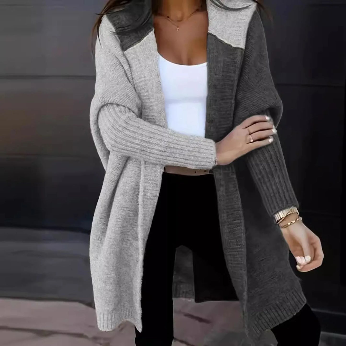 Women's Loose Hooded Sweater Coat Front Open Long Sleeve Patchwork Color Block