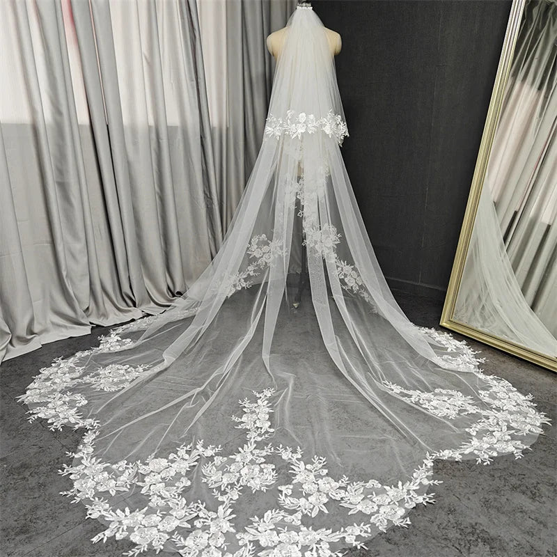 Wedding Veil with Shiny Sequins Lace Customized 2 Tiers 3 Meters Long Bridal Veil with Comb