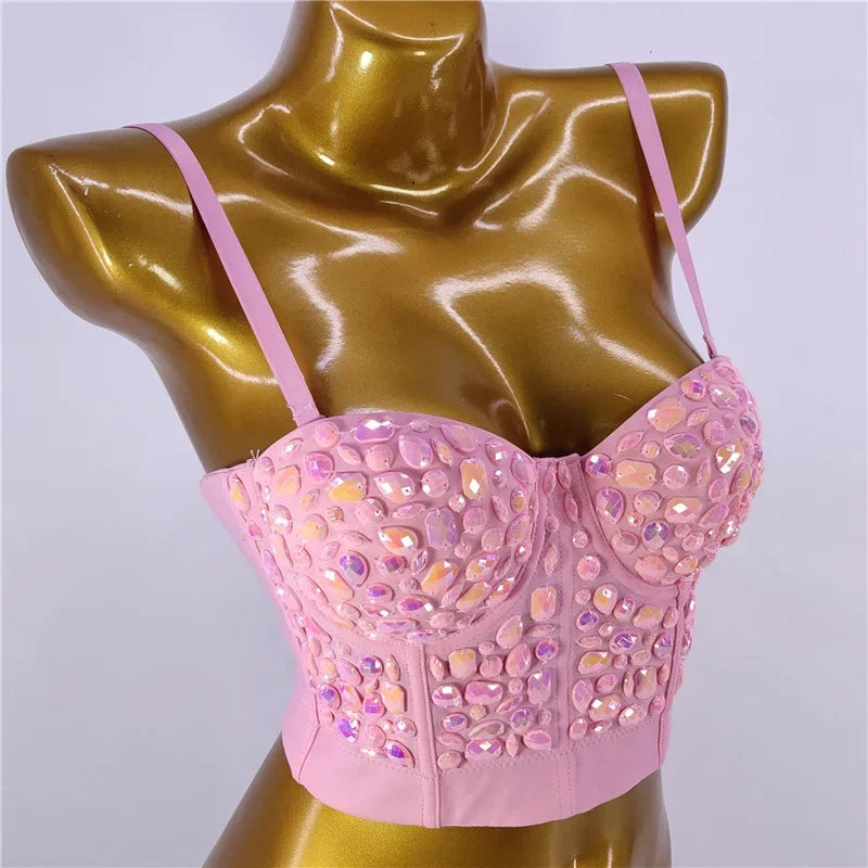 Women Rhinestone Diamond Tank Top Push Up Bustier Camisole Sequin