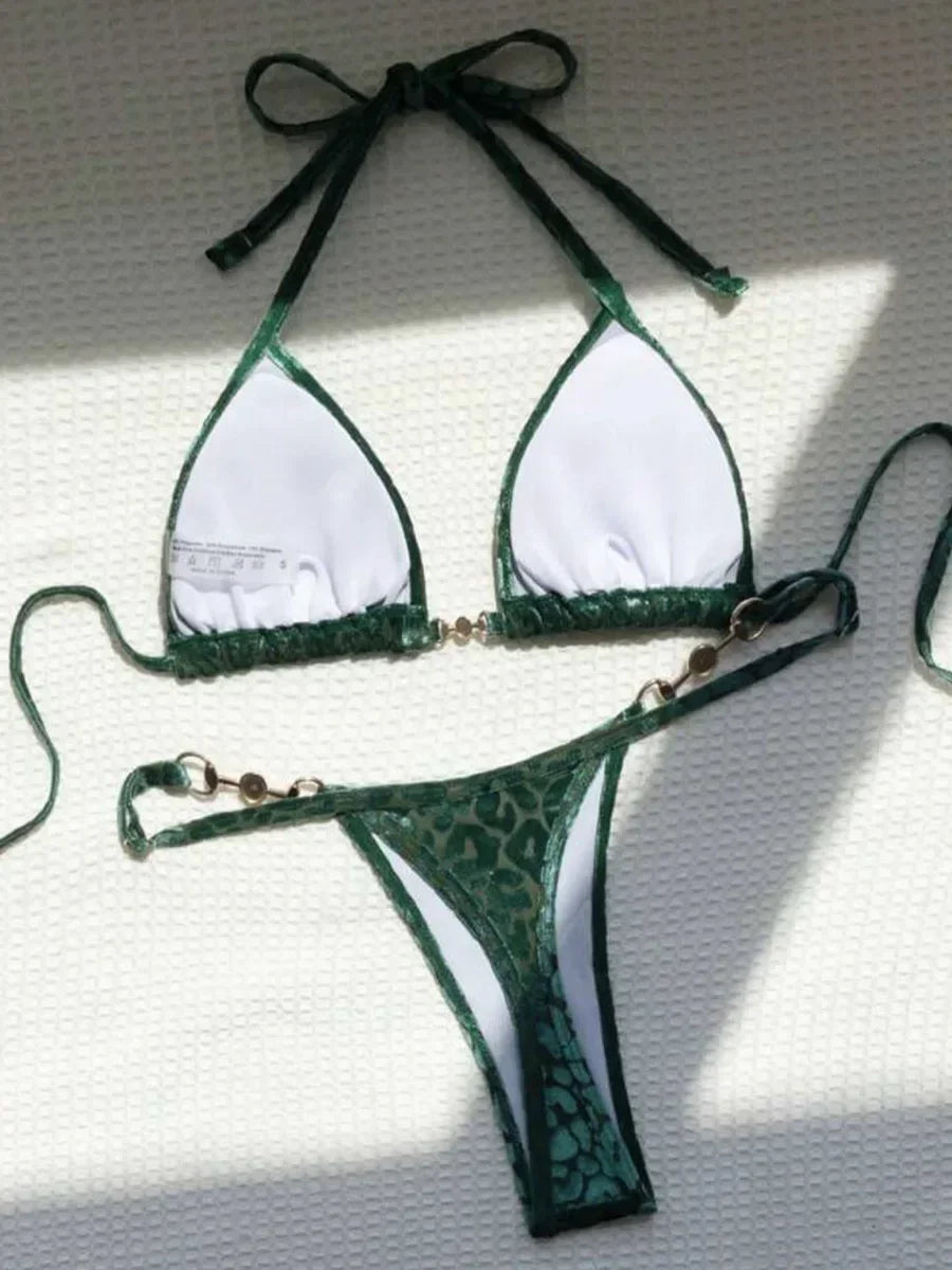 Sexy Leopard Velvet Bikini Bra Thong Swimwear Two-piece