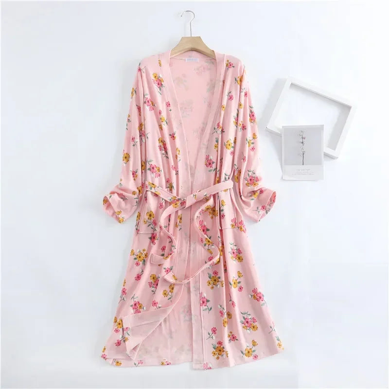 Spring and Autumn Cotton Waffle Kimono Bathrobe
