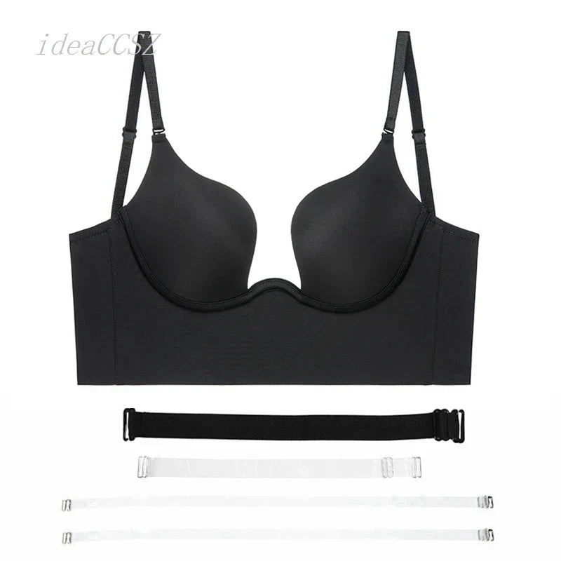 Women Sexy Invisible Bra with Transparent Strap Deep U Plunge Bras Backless