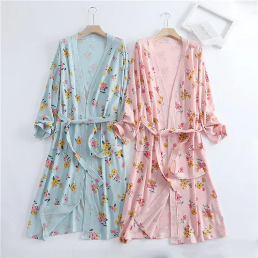 Spring and Autumn Cotton Waffle Kimono Bathrobe