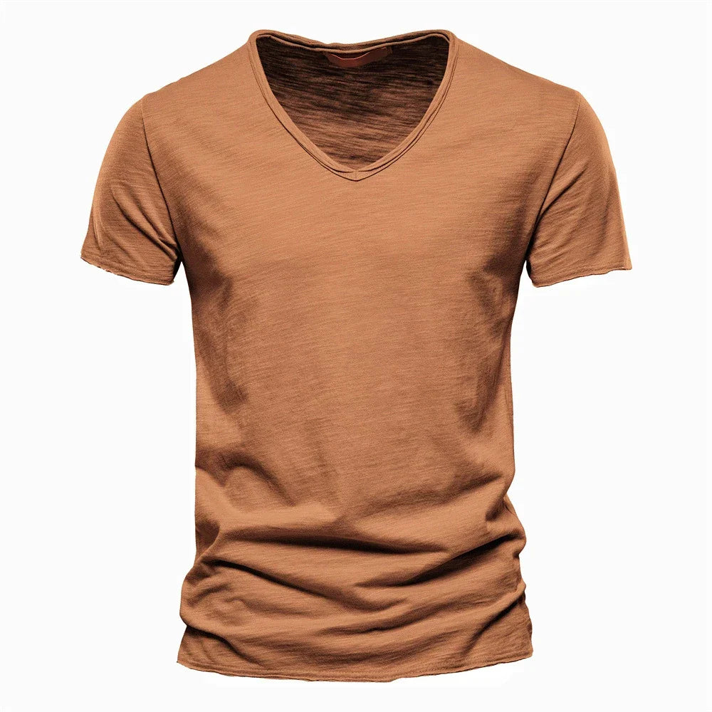 S-5XL 100% Cotton Men's T-Shirts Fashion Design V-neck Casual Slim Fit