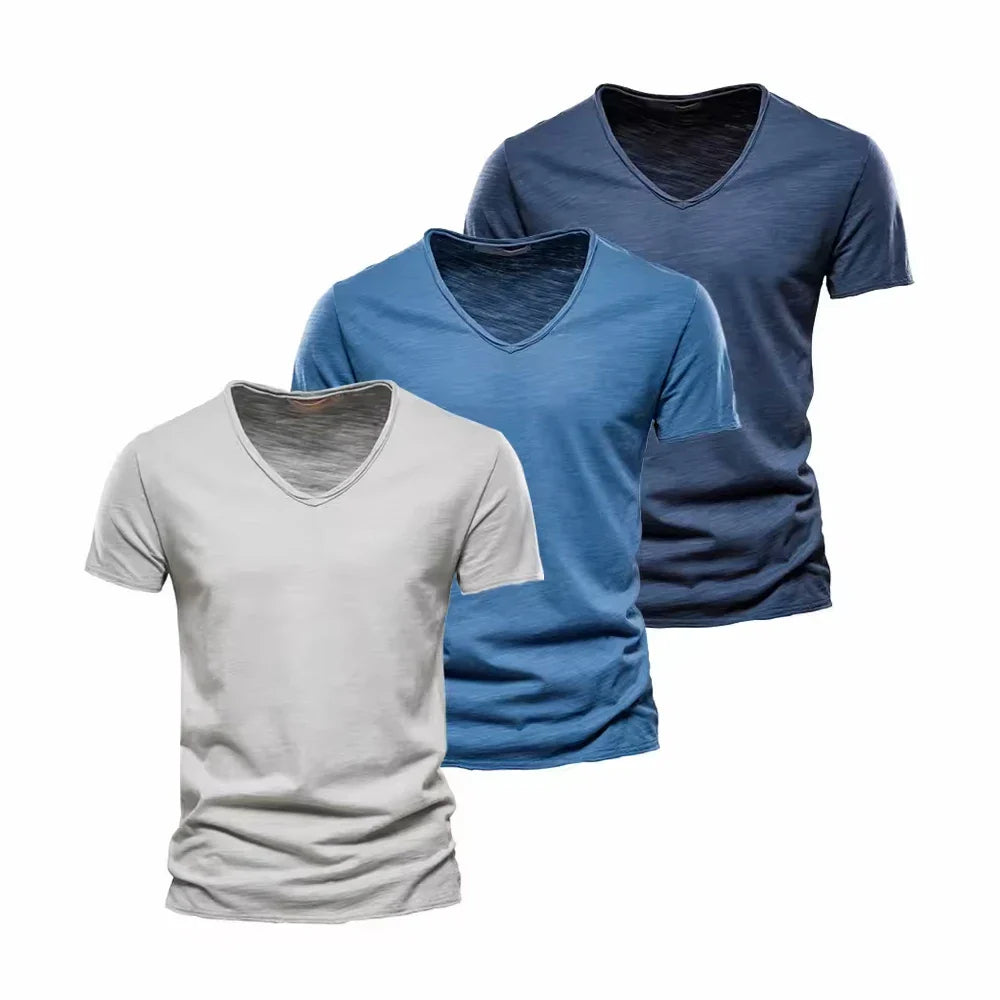S-5XL 100% Cotton Men's T-Shirts Fashion Design V-neck Casual Slim Fit