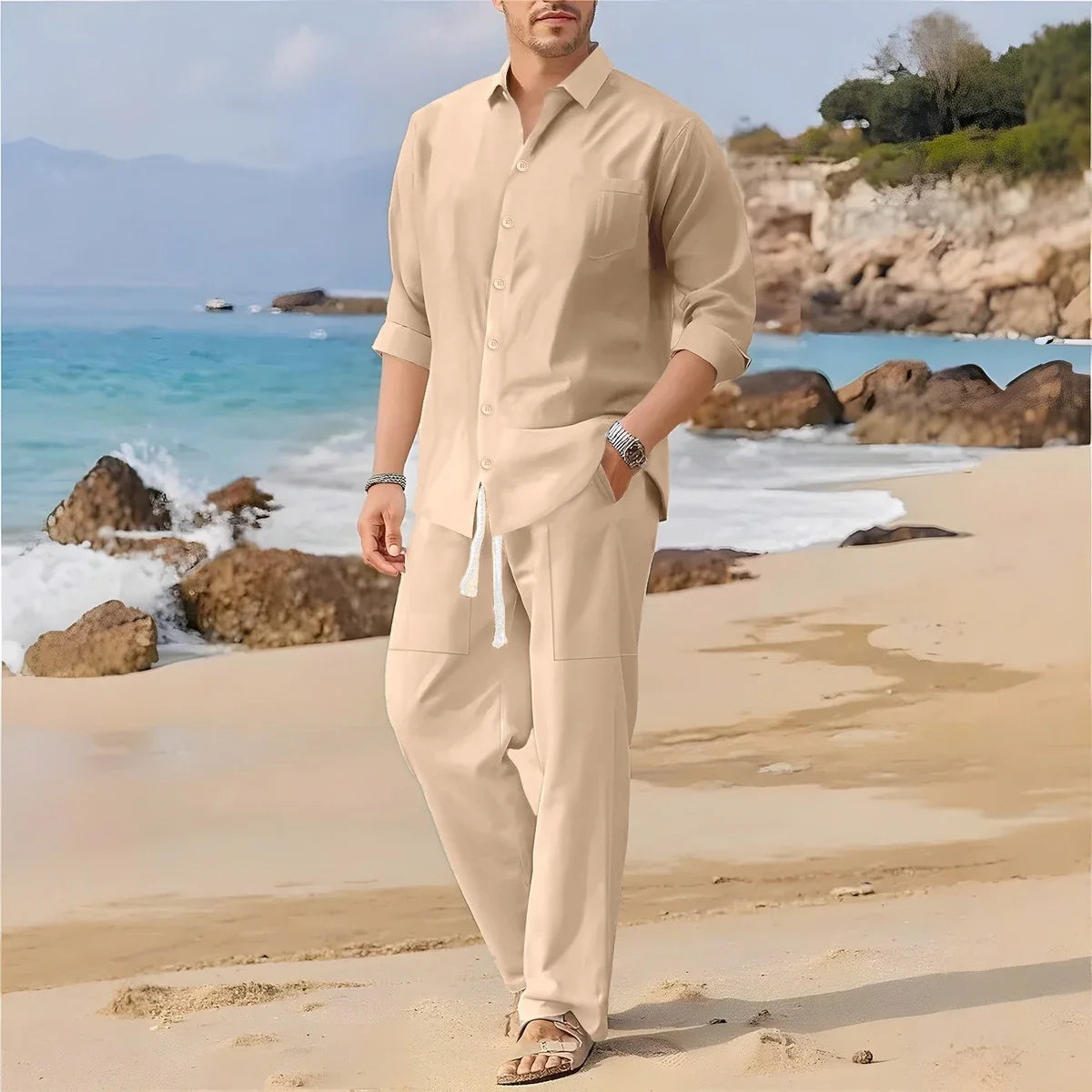 Men's Casual Long-Sleeved Set, Solid Shirt and Pants - Comfortable and Fashionable Two-Piece Set All Year Round