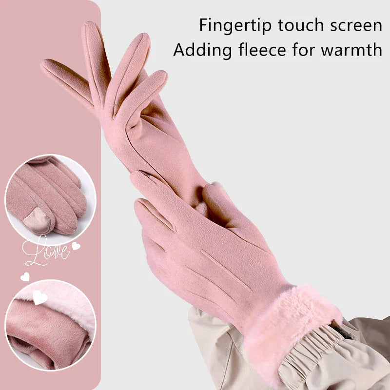 Women Winter Warm Suede Gloves Plus Velvet Thickened Cuff Outdoor Coldproof Touchscreen Riding Ski Gloves