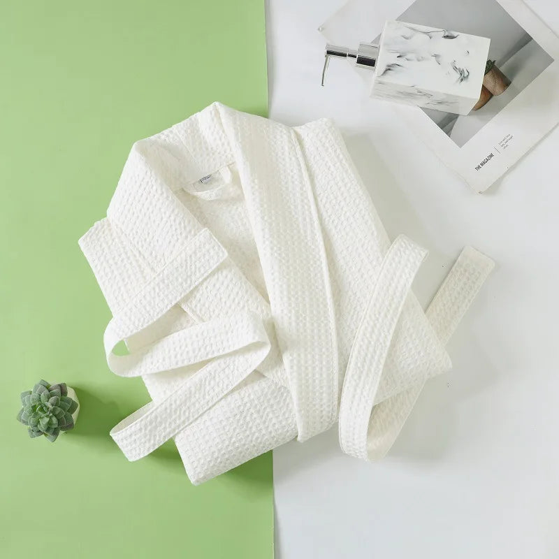 Solid Color Cotton Spring and Autumn Waffle Couples Mid-long Yukata Bathrobe Homestay Hotel Couple Soft Bathrobes