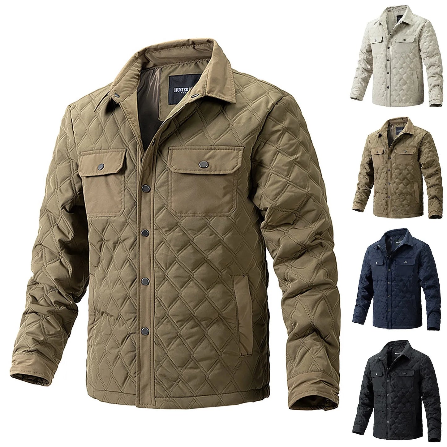 Men's Warm Diamond Plaid Padded Double Pocket Lapel Fleece Fluffy Jacket