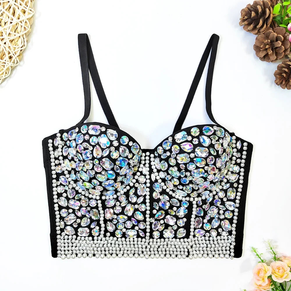 Women Rhinestone Diamond Tank Top Push Up Bustier Camisole Sequin
