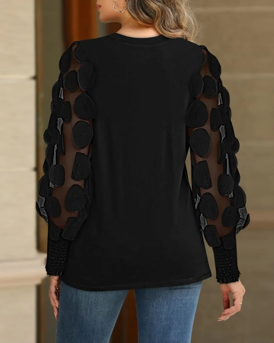 Women Fashion Mesh long Sleeve Round Neck Loose Blouse