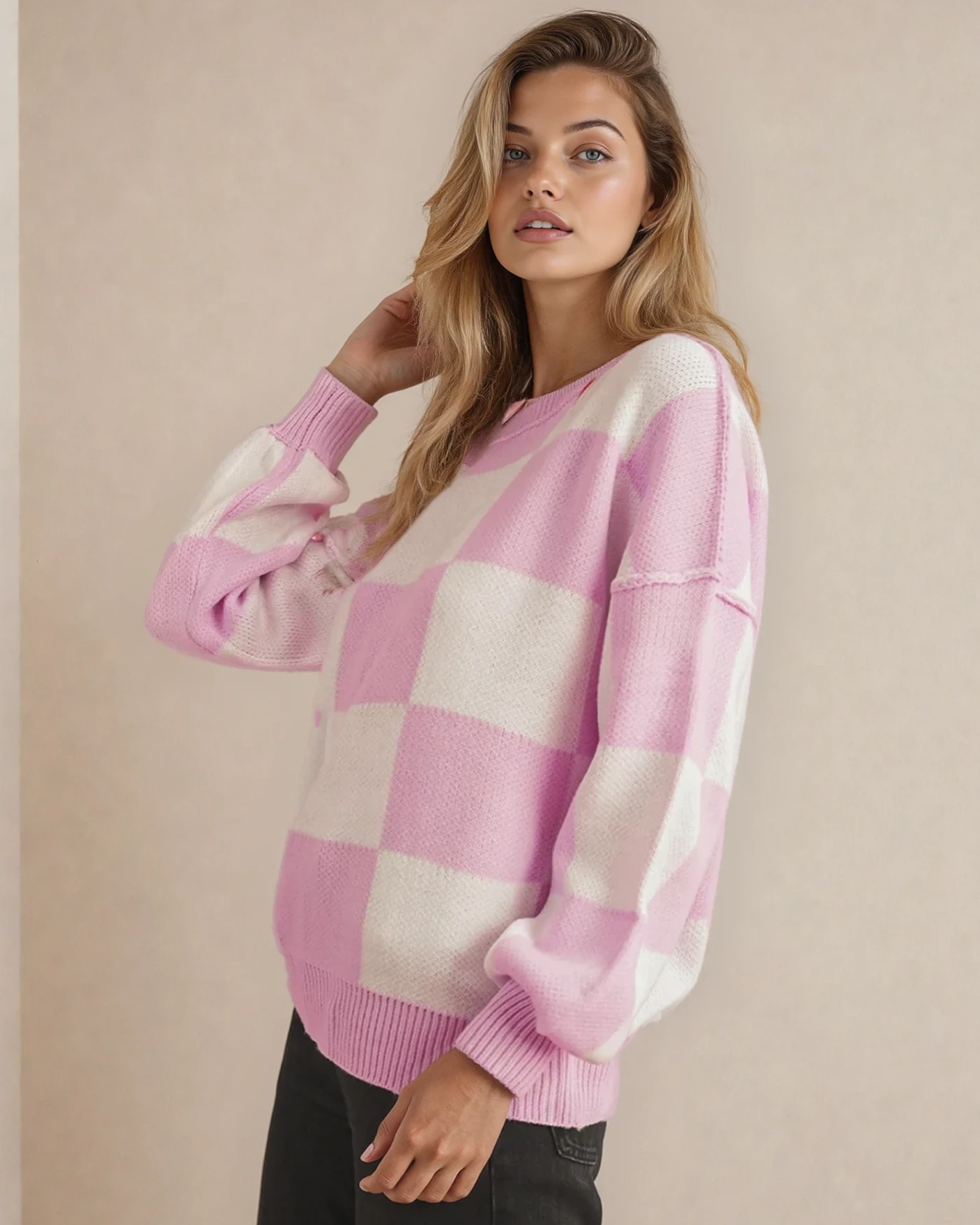 Checkered Crew Neck Sweater - Pink