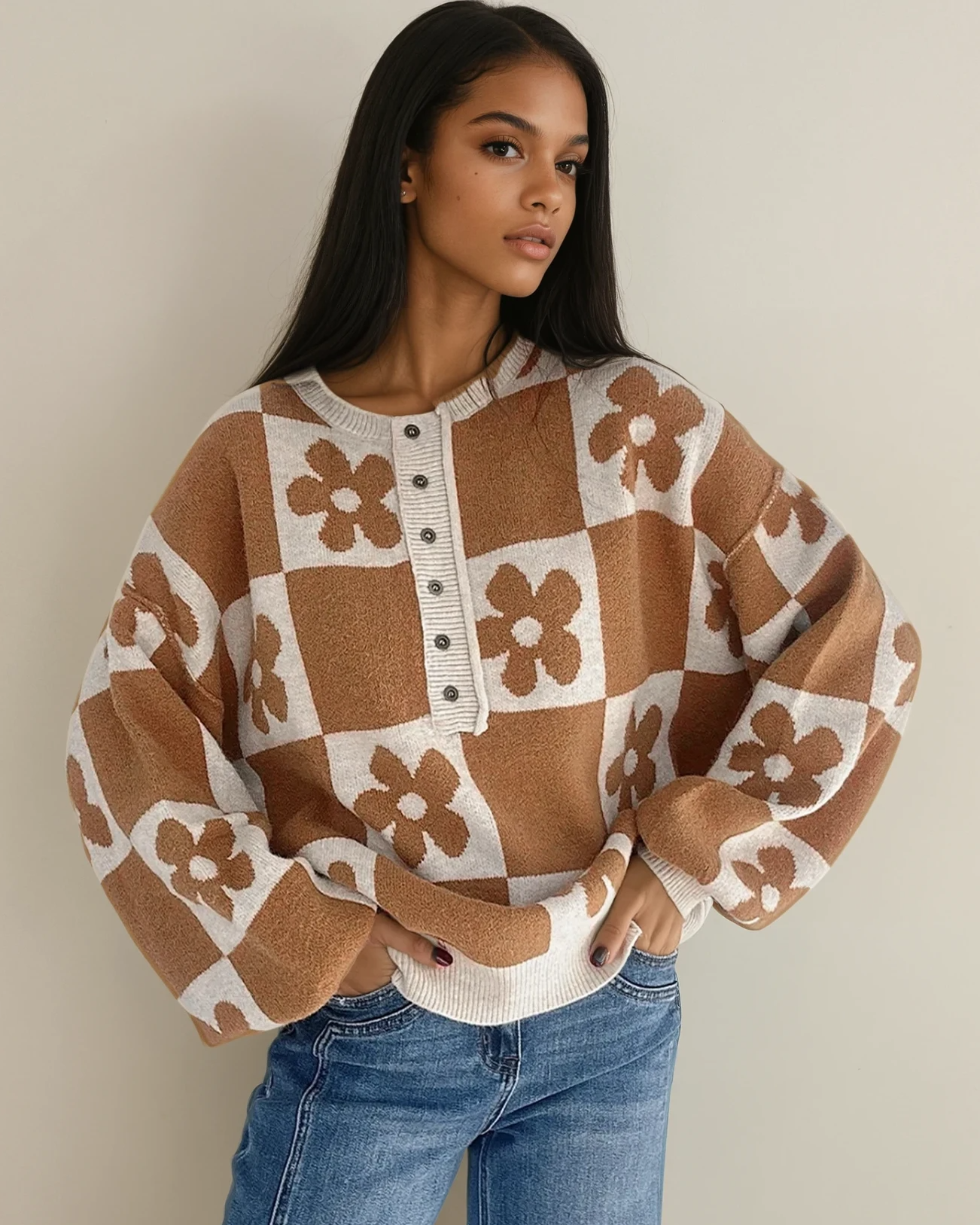 Flower Power Checkered Henley Sweater - Camel