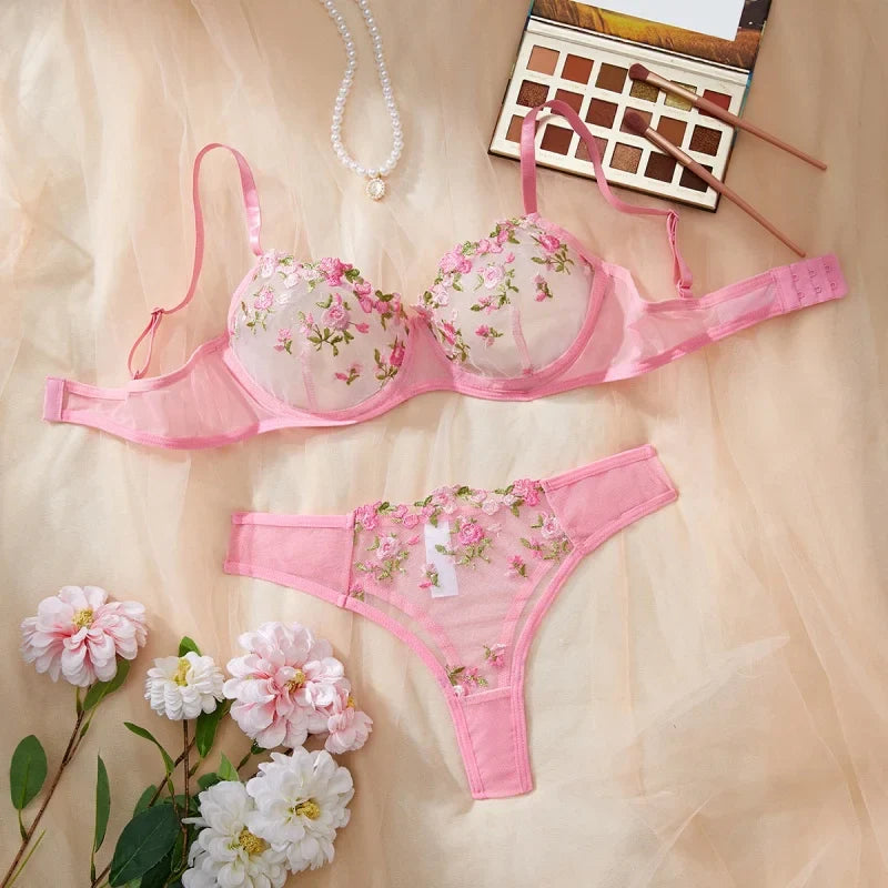 Women's Sexy Transparent Underwear Brasserie Sets Embroidered Flowers